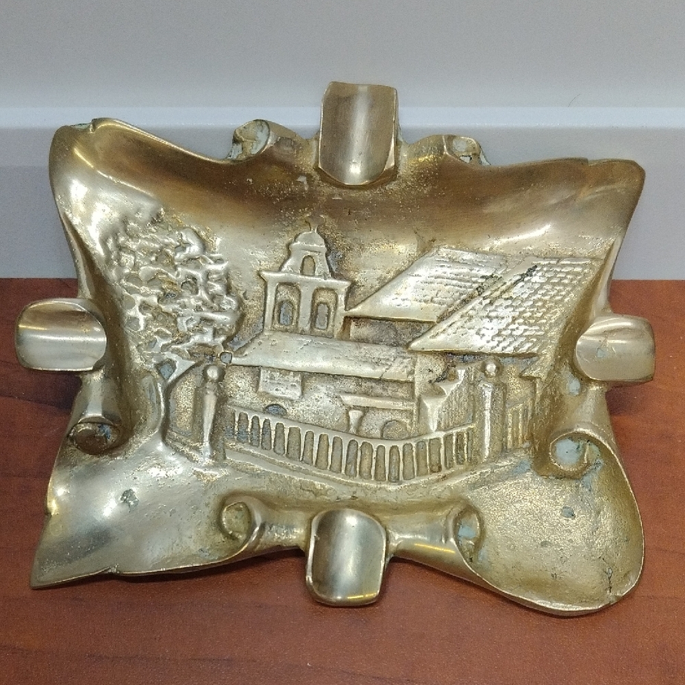 Rare Vintage Heavy Brass Ashtray With Church Village Railing Scene Trinket Dish